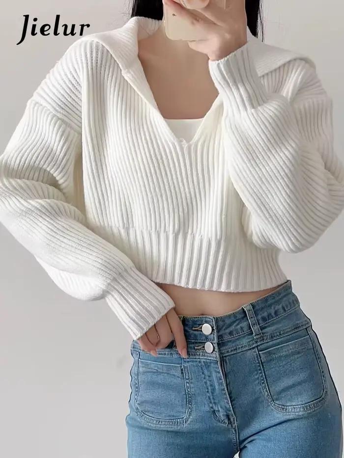 Jielur-Pull à col en V pour femme