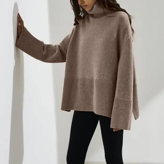 Pull à col roulé en polyester décontracté pour femmes, automne hiver, manches longues, pull fermé point, blanc kaki vert clair noir