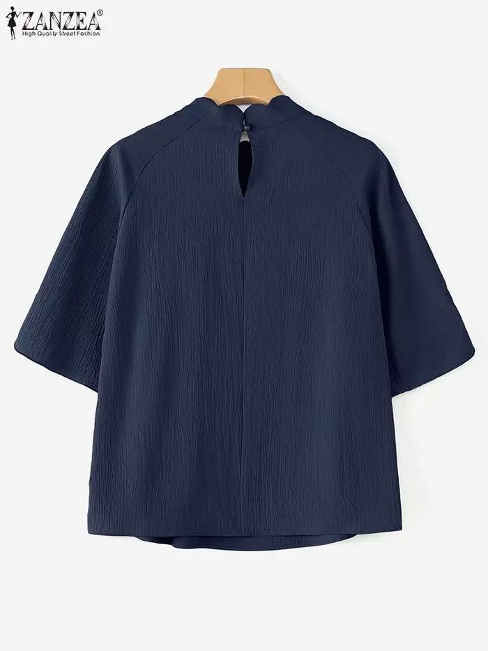 Vintage col montant Blouse femmes couleur unie élégant travail hauts ZANZEA 2025 printemps plissé Blusas décontracté