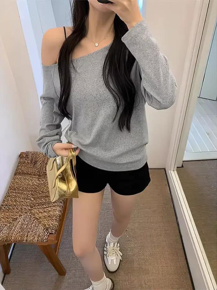 Hors de l'épaule à manches longues t-shirt femmes printemps automne lâche Sexy une épaule haut dame décontracté basique t-shirts école Preppy Blouse