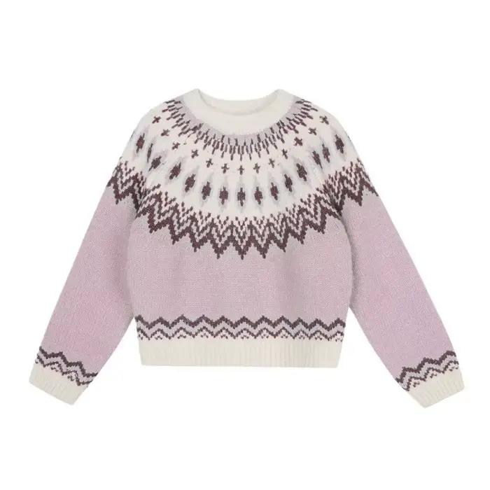 Femmes tricot pull 2025 nouveau rose pull femmes Fair Isle Jacquard Preppy Style automne hiver tricot pull