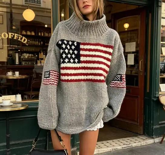 2025 Nouveau Style Européen et Américain Pull Col Haut Drapeau National Motif Creative Lâche Casual Top pour Hommes et Femmes