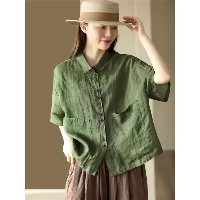 Chemisier femme 2025 printemps été couleur unie ample coton et lin dames hauts tempérament lin respirant dame chemise décontractée