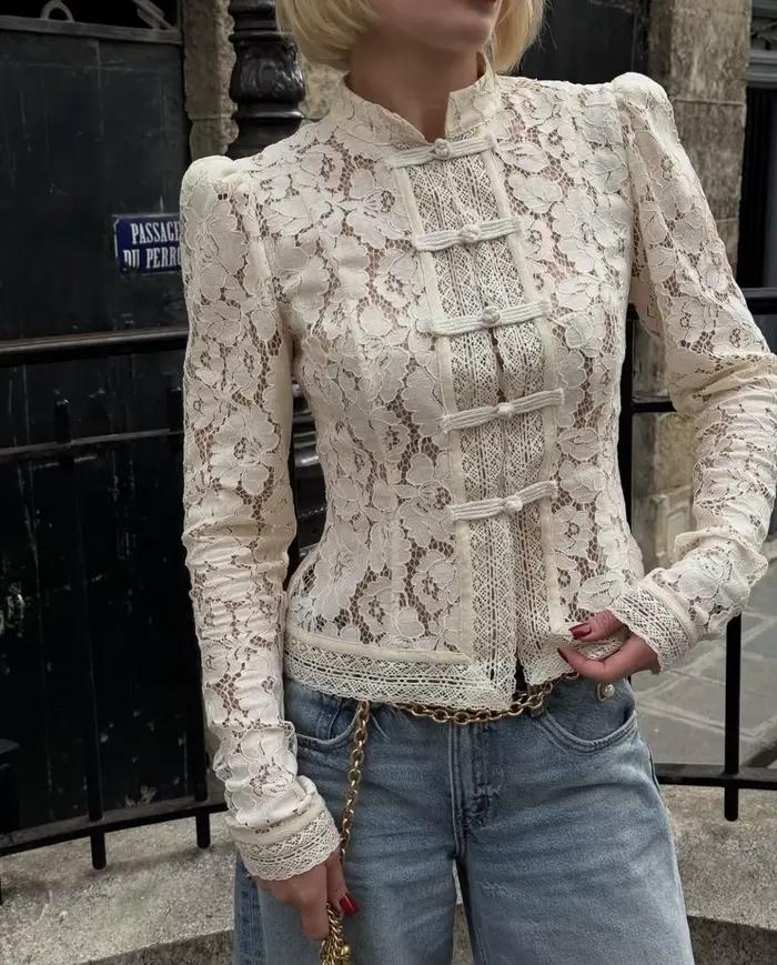 Élégant Beige décontracté évider chemises femmes Vintage crochet dentelle florale à manches longues bouton Blouse français hauts Blouses vêtements