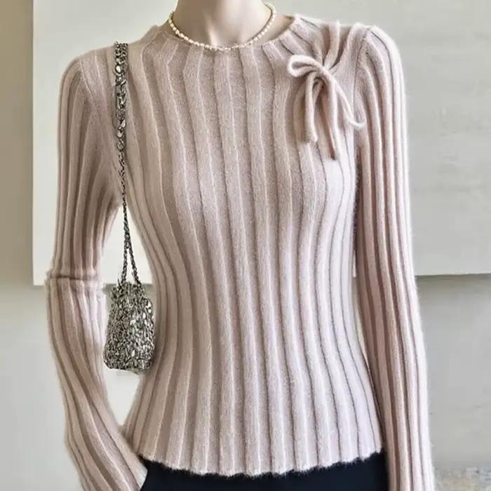 Pull rose à manches longues avec nœud pour femme, automne et hiver
