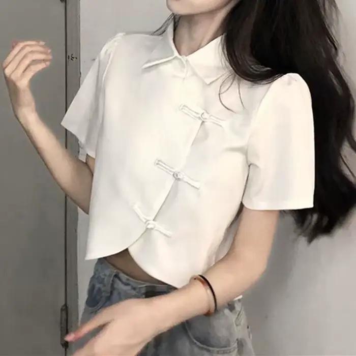 Femmes Blouse été à manches courtes blanc noir chemises Style chinois mode femme hauts courts dames chemise Blouses