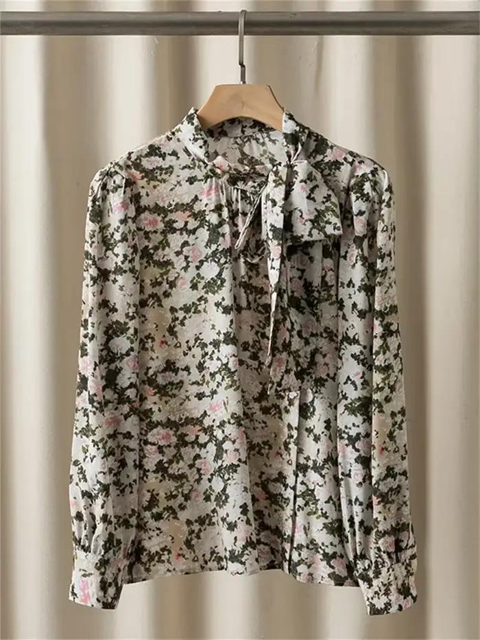 Chemisier pour femme à ruban 100% soie imprimé floral coupe ample à manches longues