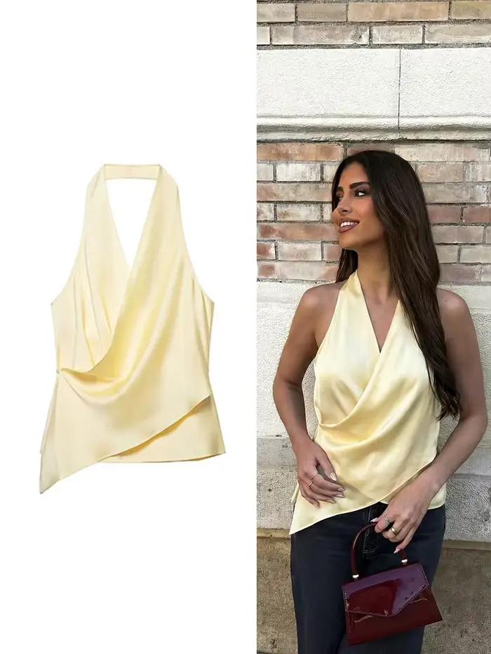 HH Haut Halter Jaune en Satin pour Femme