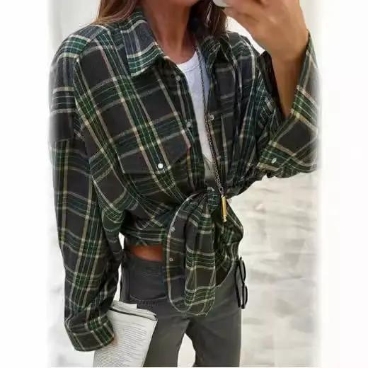 Chemisier femme Style rétro ample plaid à manches longues pour femmes décontracté automne hiver polyester coton confortable occassions spéciales