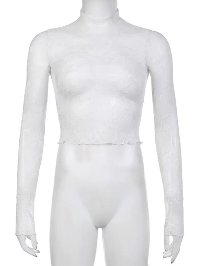 Haut court en dentelle transparente à manches longues pour femmes
