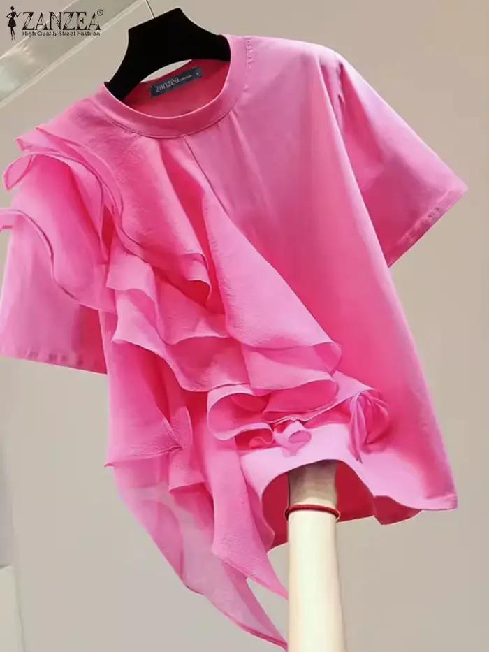 ZANZEA 2025 décontracté à volants couture Blouse mode vacances d'été haut col en o femmes à manches courtes tuniques ample solide Blusa Femme