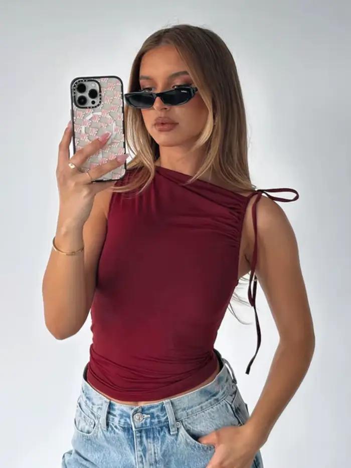 Débardeur à lacets solide haut court femmes vêtements Streetwear sans manches mignon Camison Verano Slim Fit pour sorties nocturnes et occasions spéciales