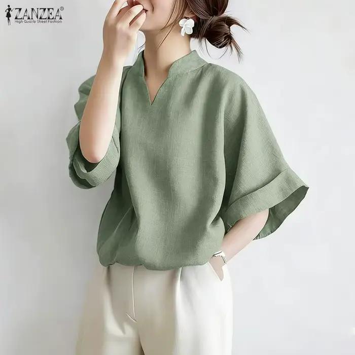 Élégantes Blouses ZANZEA pour Femmes – Col en V, Couleur Unie, Manches Mi-Longues, Style Streetwear, Idéales pour le Travail et les Fêtes, Coupe Ample