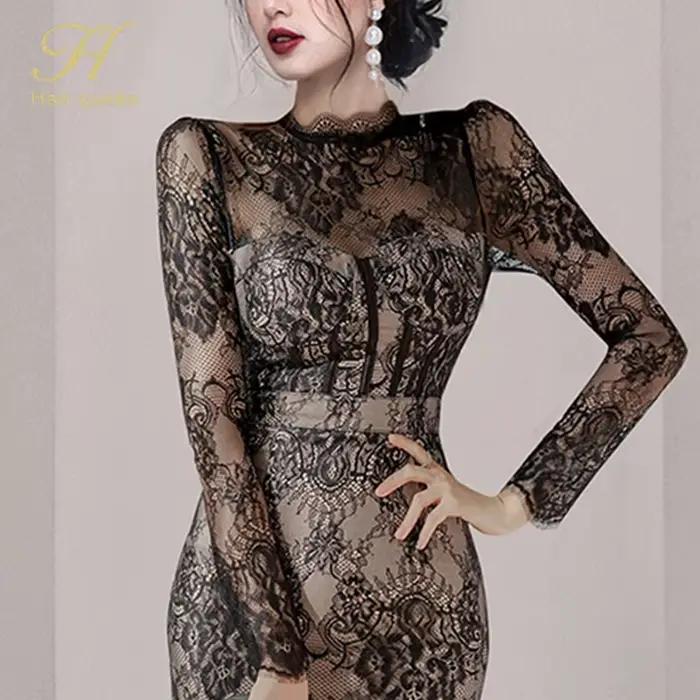H Han Queen automne nouveau voir à travers dentelle robes mode coréenne Crochet fleurs robe crayon élégant Simple fête
