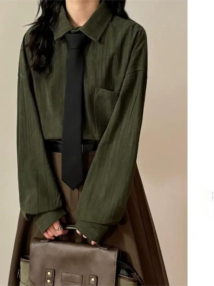 Chemisiers et chemises rayés verts pour femmes, style vintage élégant, style preppy Y2k Gyaru, chemisier oversize à manches longues, printemps automne