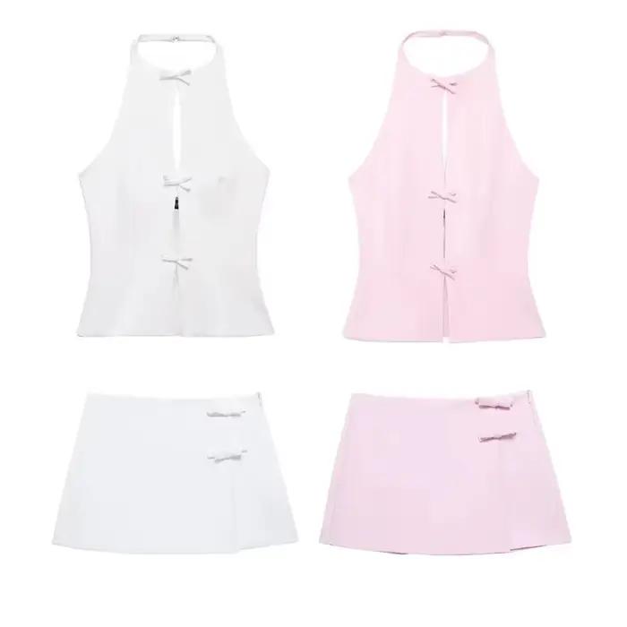 MUJER 2025 épaules dénudées haut à licou femme rose blanc