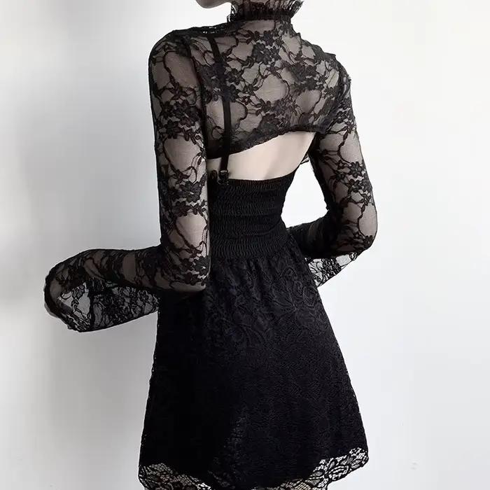 Punk dentelle col transparent Sexy culture hauts haussement d'épaules boléro femmes maille châle élégant Goth Capelet à manches longues voir à travers les couvertures noir