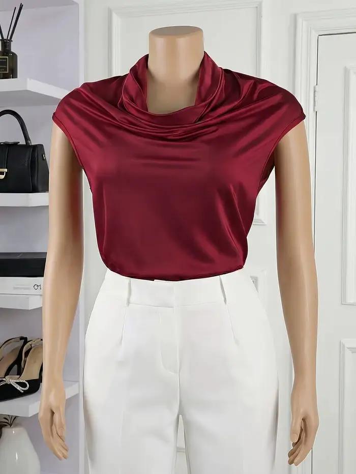 Chemise élégante en satin pour femme – Blouse plissée asymétrique vintage à manches courtes pour le bureau et le quotidien