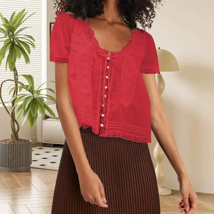 Chemisier à manches courtes pour femmes en dentelle ample et élégant, streetwear pour un look décontracté et sophistiqué occasions printemps été