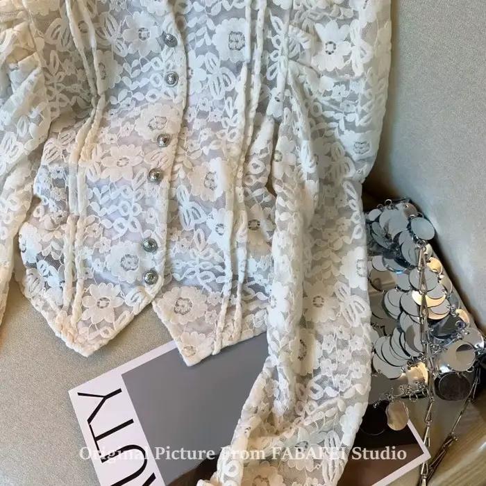 Chemisier femme chemises et chemisiers dentelle crocheté manches à bulles chemise