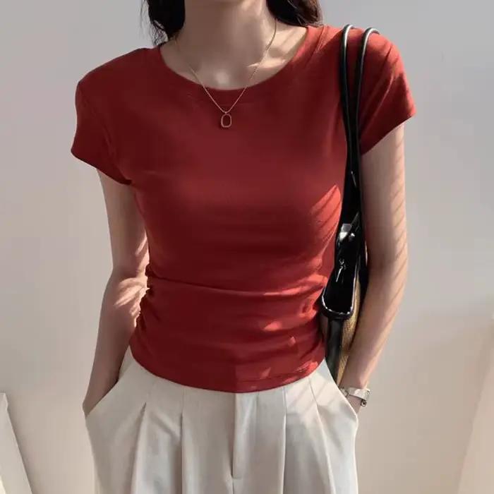 T-shirt blanc en coton et polyester pour femme, ajusté, décontracté, avec fronces, idéal pour les sports et les occasions spéciales