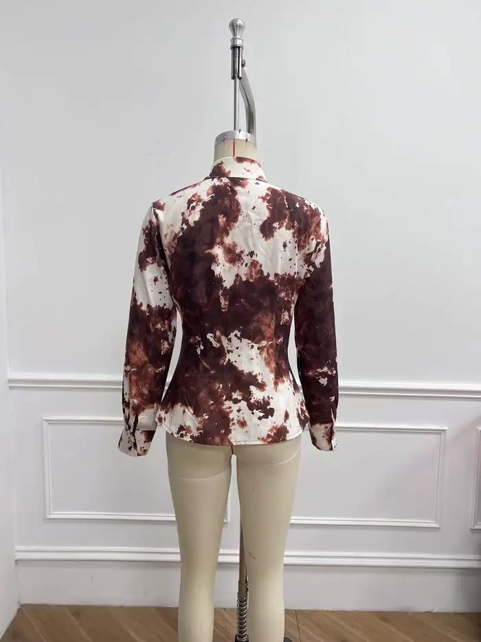 Chemisier en satin à manches longues pour femme avec imprimé vache et col boutonné