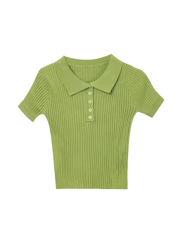 Nouveau T-shirt Polo Femme en Maille Côtelée – Hauts Sexy d'Été Basiques Ajustés Décontractés à Manches Courtes – Gilet