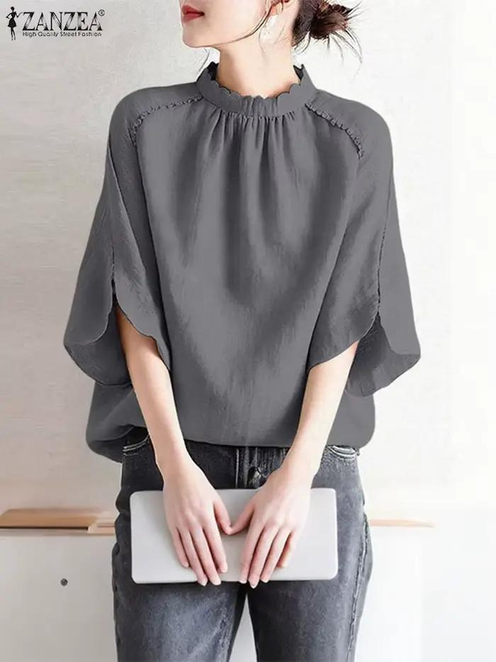 Vintage col montant Blouse femmes couleur unie élégant travail hauts ZANZEA 2025 printemps plissé Blusas décontracté