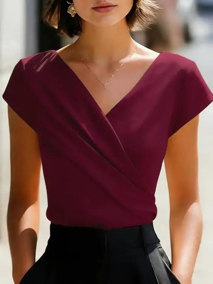 Tunique enveloppante à manches courtes et col en V pour femme, chemisier élégant et décontracté pour l'été, polyester, coupe régulière, blanc, bleu, bourgogne, rose, noir
