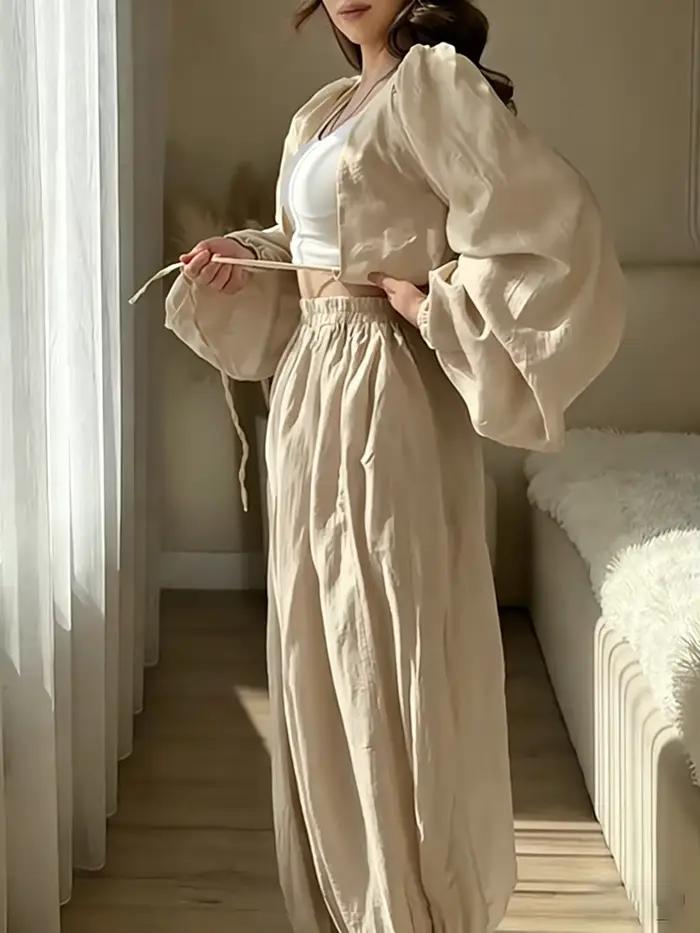 Ensemble deux pièces marron haut court et pantalon lantern décontracté pour femme printemps été occasions spéciales