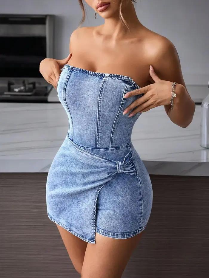 ✨ Robe en jean tube pour femme | Design sans bretelles à effet torsadé