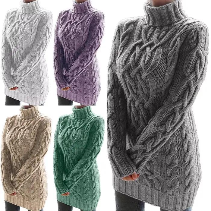 Automne hiver épaissir pull robes pour femmes col roulé à manches longues tricoté rétro chandails dames pulls