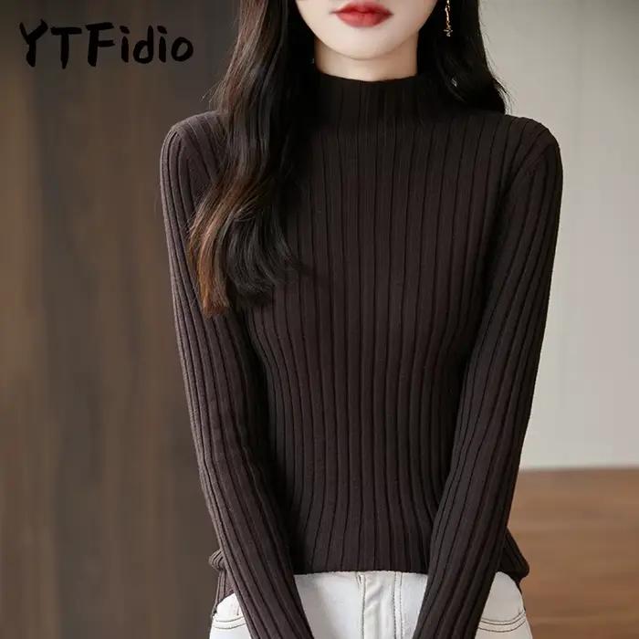 YTFidio 100% coton femmes cordon élastique demi-col haut rayé solide pull décontracté basique femme