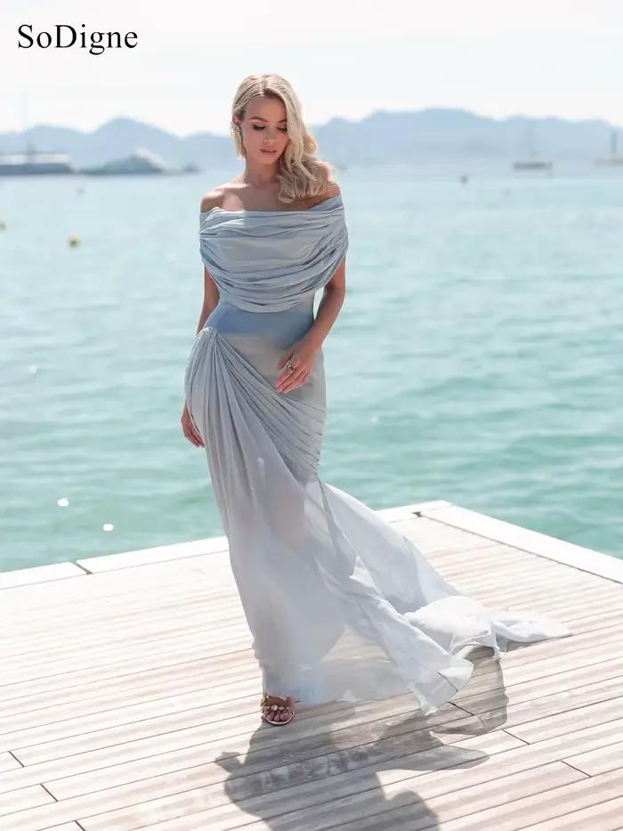 Robes de Soirée Chic en Chiffon Plissées Épaules Dénudées Sans Manches Robe de Fête Sexy Sirène