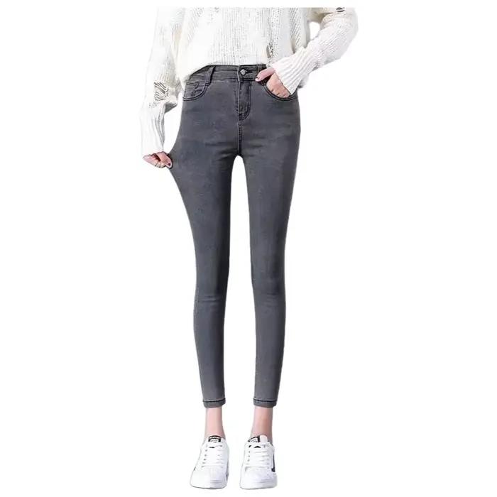 Jean Skinny Taille Haute Couleur Unie Femme 2026 Nouveau Modèle Élastique Amincissant Allongeant Pantalon Neuf Points en Coton Denim