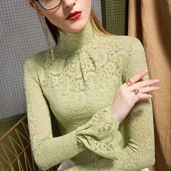 Chemisier femmes automne dentelle chemise commissionnée col roulé manches cloche
