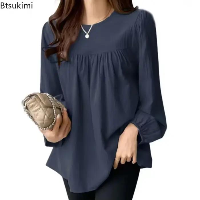 2026 mode Élégant Solide Chemisier pour Femmes À Manches Longues O-cou Décontracté Bureau Dame Hauts Simple Lâche Grande Taille Chemise Blusas Mujer