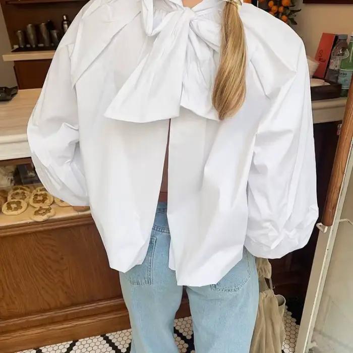 Chemisier ample à manches bouffantes blanc pour femme, col montant, chemise décontractée et élégante pour le bureau, printemps-été, YZRLADY