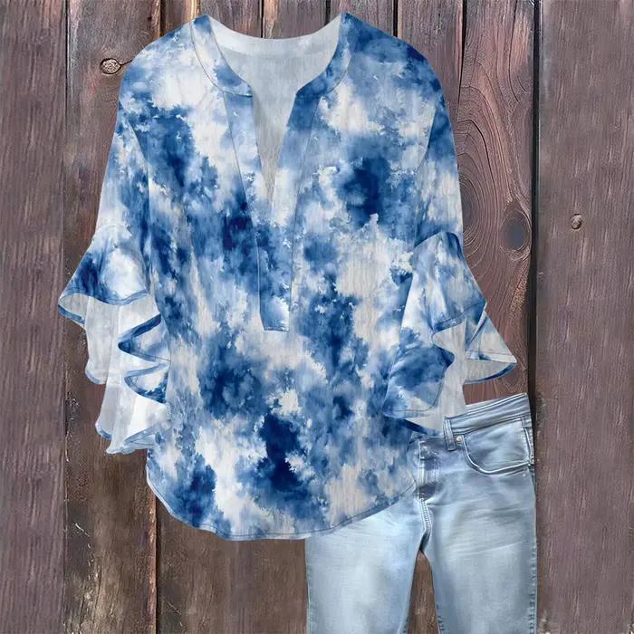 Chemisier Teint par Nouage pour Femme Style Boho Chic Floral avec Manches à Volants et Col en V Occasions Spéciales et Usage Quotidien