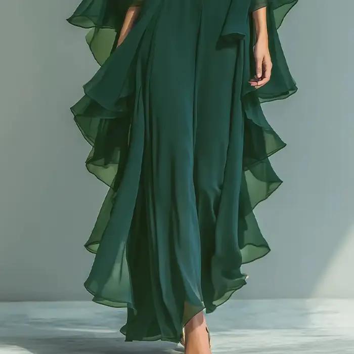 Ensemble deux pièces bohème pour femme : chemise en mousseline bleu marine à manches cloche et pantalon droit à volants – Tenue tendance