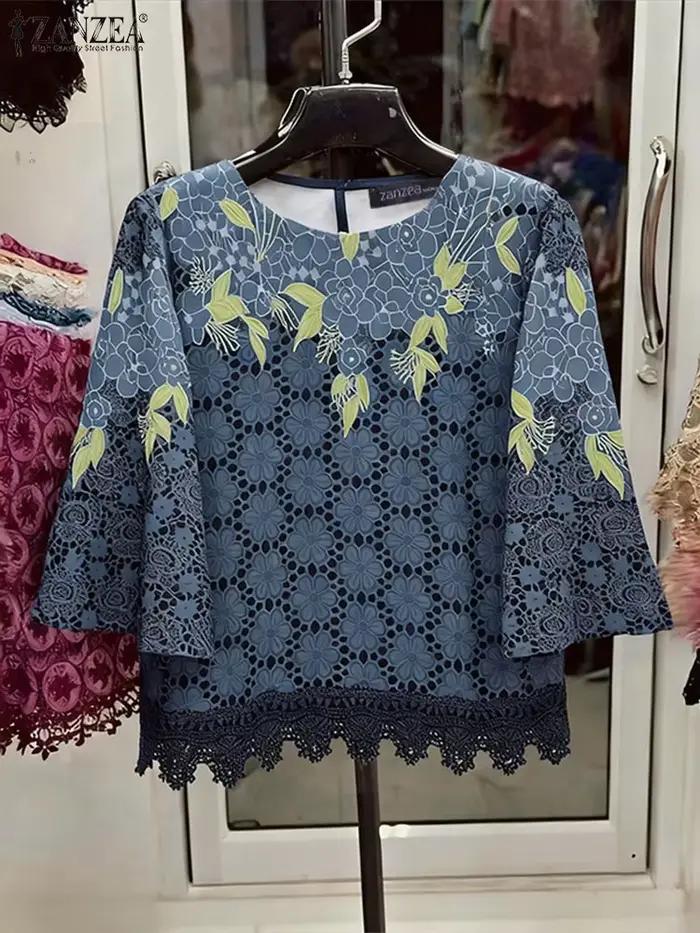 Blouse ZANZEA en Polyester et Elasthanne Imprimée Fleuri Col Rond Décontractée pour Femmes Occasions Spéciales Automne Printemps