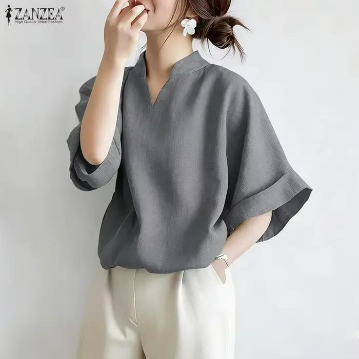 Élégantes Blouses ZANZEA pour Femmes – Col en V, Couleur Unie, Manches Mi-Longues, Style Streetwear, Idéales pour le Travail et les Fêtes, Coupe Ample