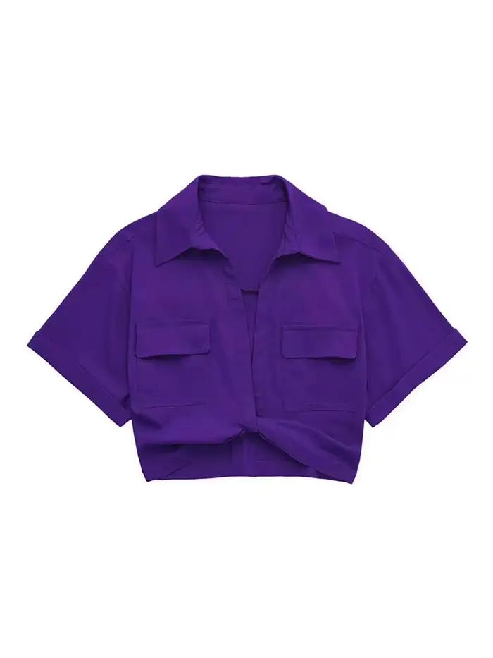 Chemisier à smocks court en lin noué pour femme