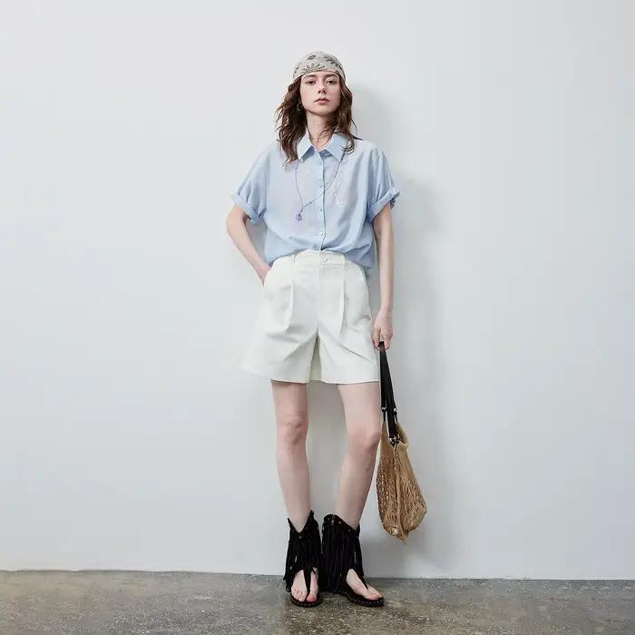 TOYOUTH Blouse Femme Manches Courtes Été 2026 Mélange Lin Nouvelle Broderie Florale Chinoise Collier Bleu Clair Doux Confortable