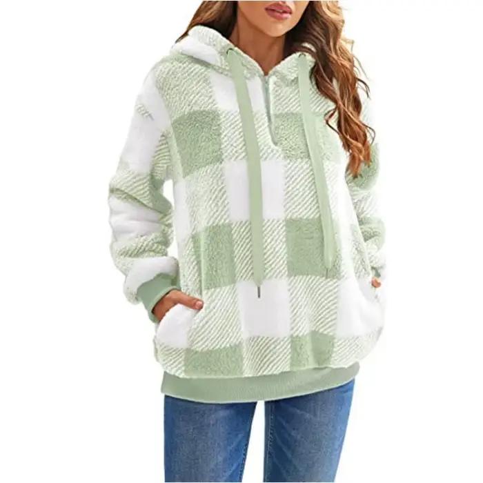 Sweatshirt à carreaux pour femmes style rétro, décontracté, coupe ample, doublure en coton, polyester léger, automne-hiver, pour bureau et occasions spéciales