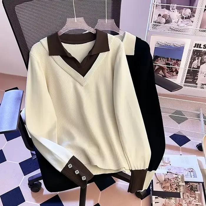 Femmes grande taille 4xl haut en tricot femme mode loisirs deux pièces pull automne hiver dames épissage tricoté