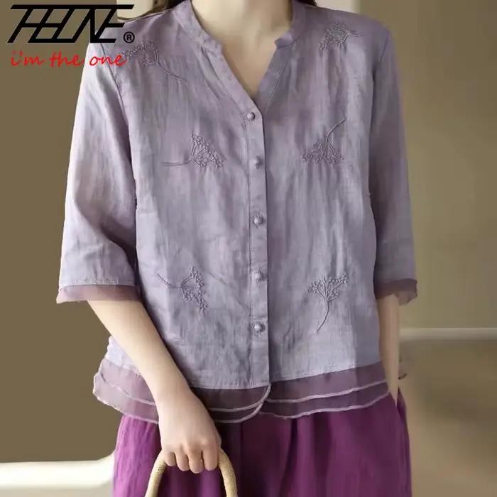 Chemisier Vintage en Coton et Lin pour Femme Décontracté avec Bouton Broderie Albesaine Solide Occasions Spéciales Printemps Ete