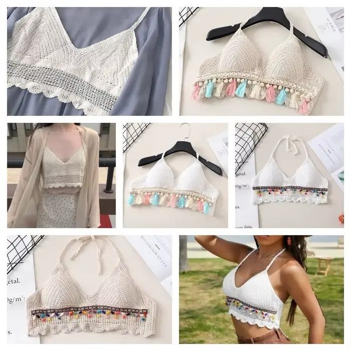Été sans manches femme Crochet Camisole col en V court Style bohème gilet gland hauts chauds tricot culture