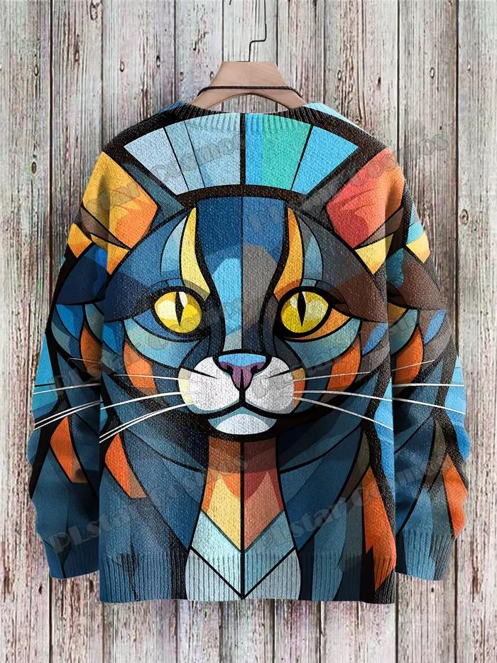 Pull en tricot unisexe avec motif d'art de chat abstrait géométrique mignon imprimé en 3D