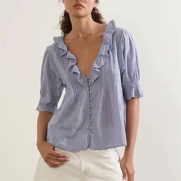 Chemisier Bohème à Volants et Manches Bouffantes Tunique en Mousseline de Soie avec Bordure en Dentelle et Boutons Col en V Style Peplum Ideal pour Vacances d'Ete Occasion Femmes
